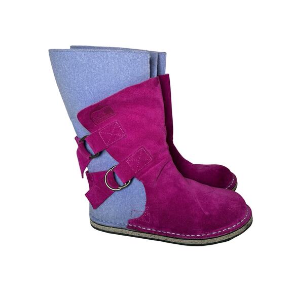 Sorel Y 5 W 6.5 Purple Pink Suede Felt Wrap Winter Boots NWOT Warm Wide Toe Box - Picture 1 of 6